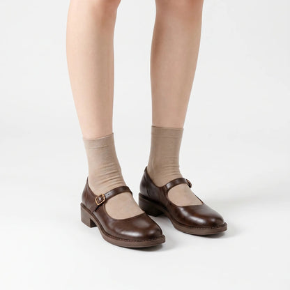 Women's Mary Jane Shoes - Single Strap, Low Block Heel, Smooth Finish