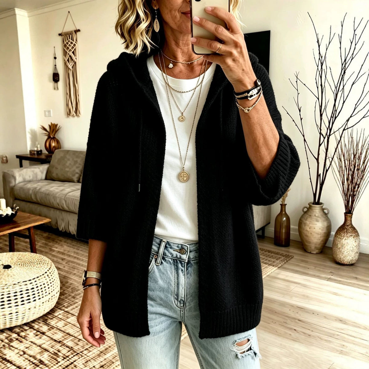 Women's Cardigan - Hooded, Open-Front, Longline