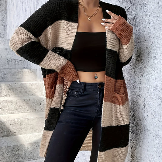 Women's Cardigan - Open-Front, Longline, Color-Block