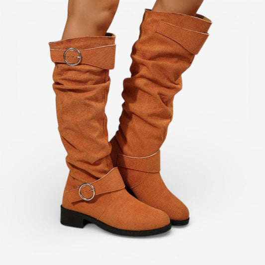 Women's Knee-High Boots - Buckle, Slouch, Low Heel