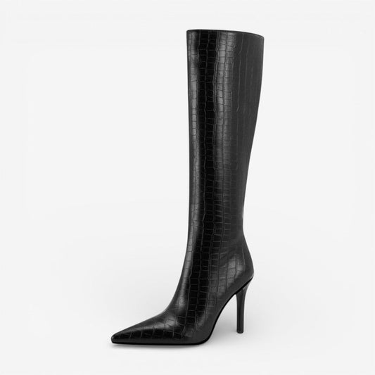 Women's Knee-High Boots - Croc-Effect, Pointed-Toe, Stiletto Heel