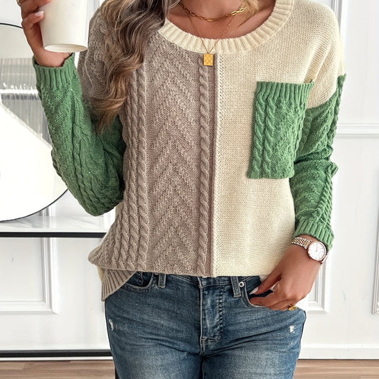 Women's Knit Sweater - Cable-Knit, Color-Block