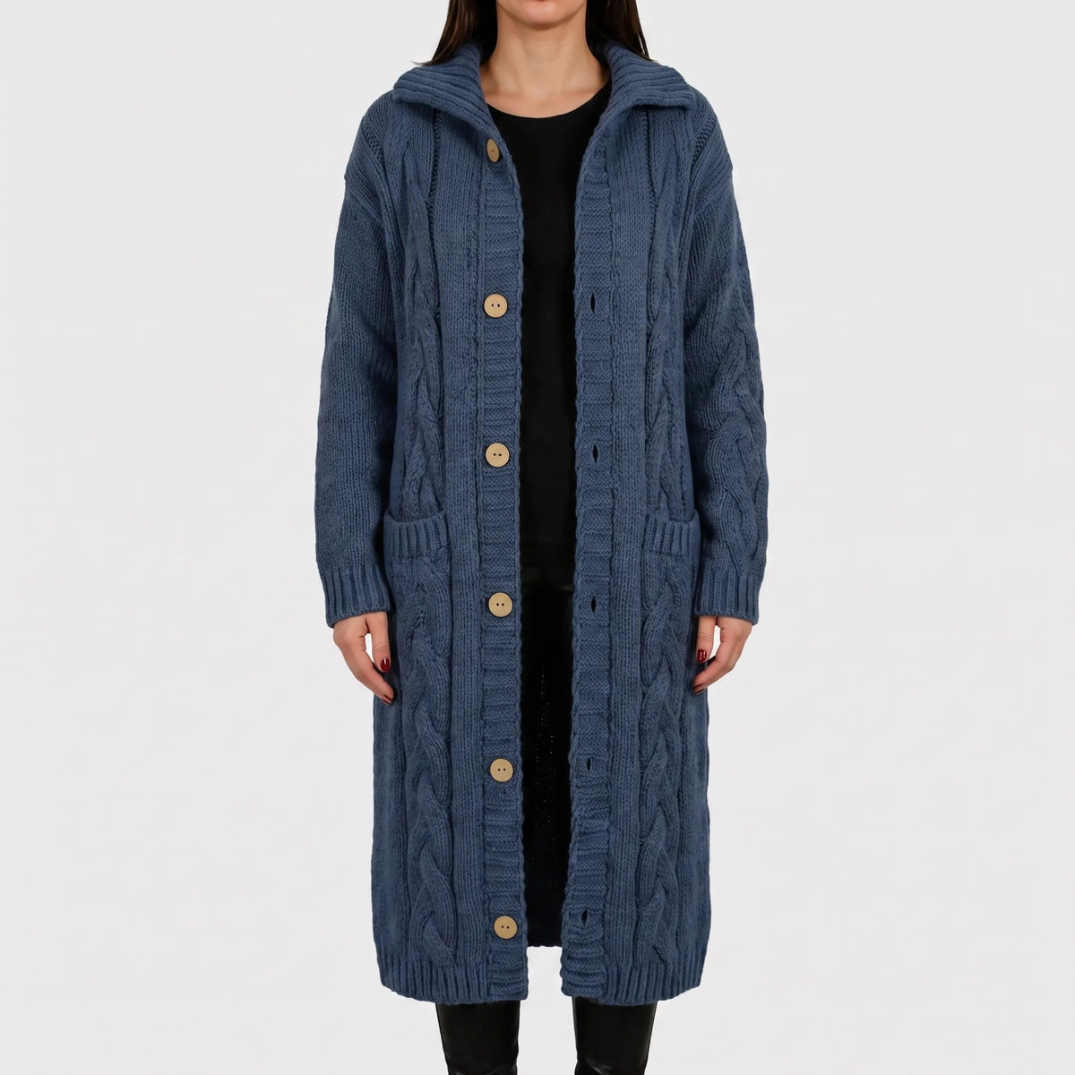 Women's Long Cardigan - Cable-Knit, Button-Front with Pockets