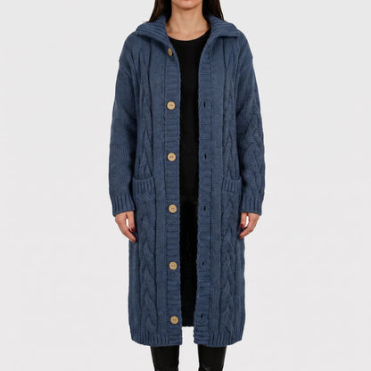 Women's Long Cardigan - Cable-Knit, Button-Front with Pockets