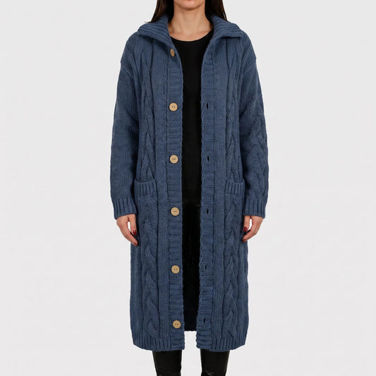Women's Long Cardigan - Cable-Knit, Button-Front with Pockets