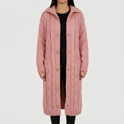 Women's Long Cardigan - Cable-Knit, Button-Front with Pockets