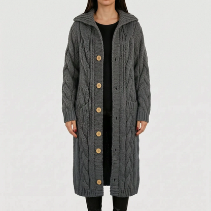 Women's Long Cardigan - Cable-Knit, Button-Front with Pockets