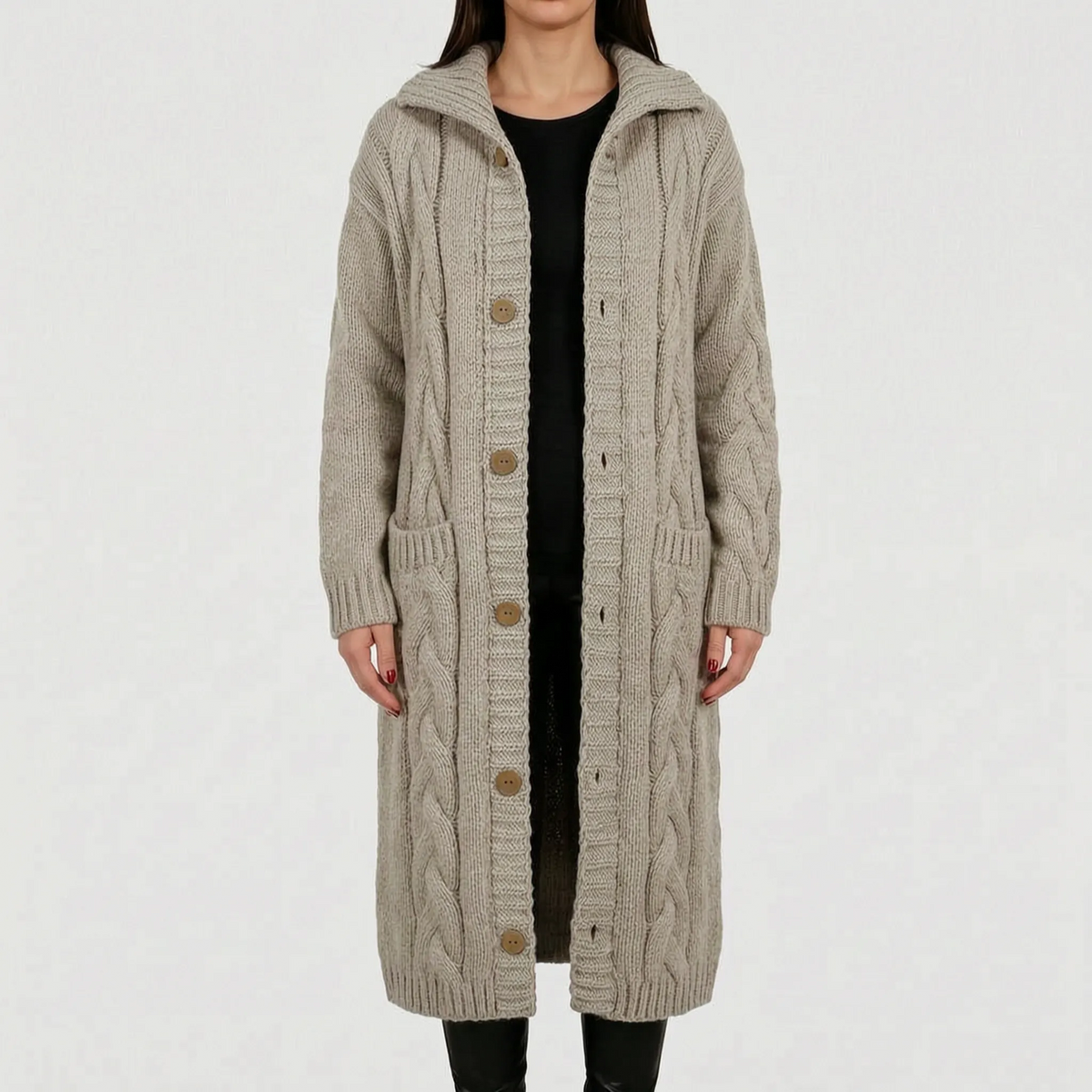 Women's Long Cardigan - Cable-Knit, Button-Front with Pockets