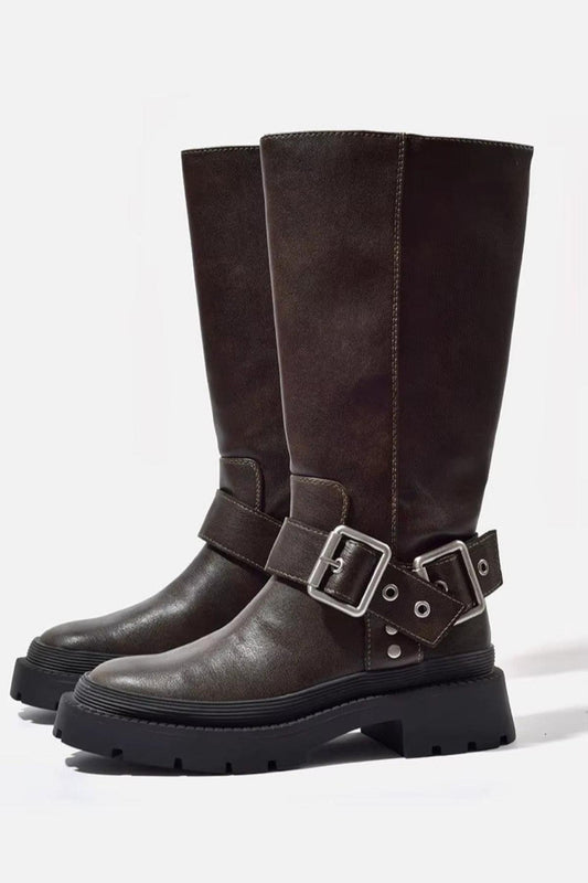 Women's Mid-Calf Boots - Buckle, Lug-Sole, Engineer, Flat Heel