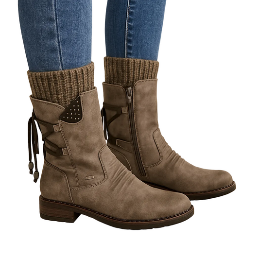 Women's Mid-Calf Boots - Knit-Cuff, Buckle, Lug-Sole, Low Heel