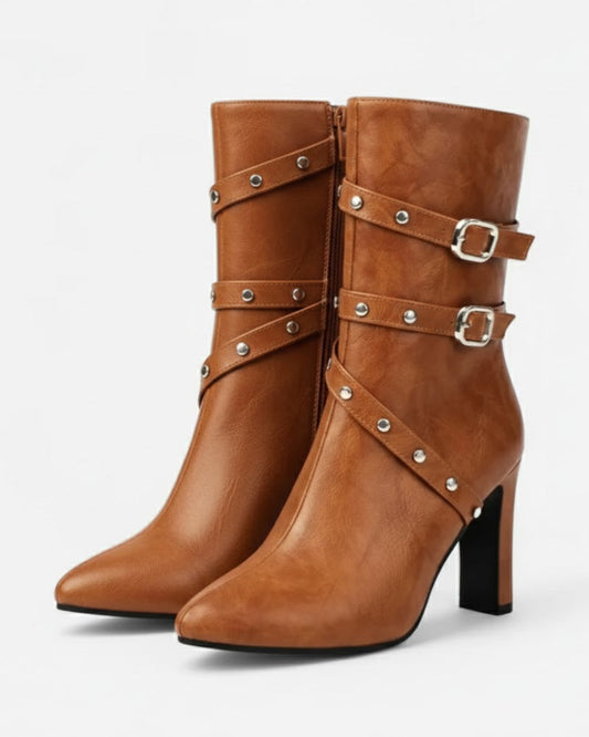 Women's Mid-Calf Boots - Studded Strap, Block Heel