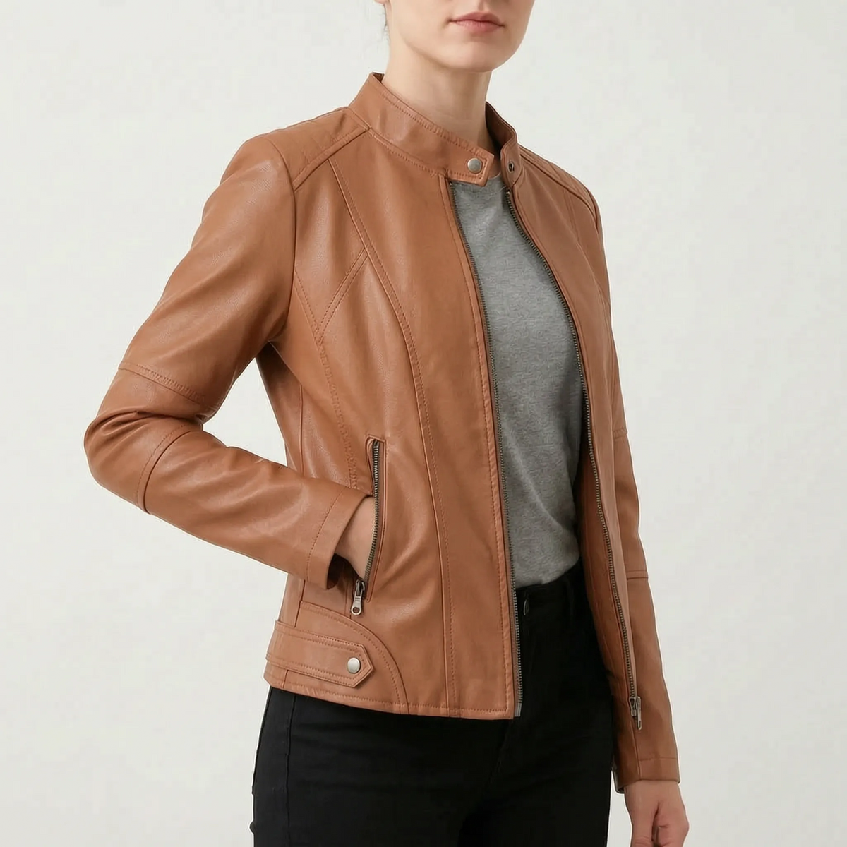 Women's Moto Jacket - Structured, Zip Front, Stand Collar