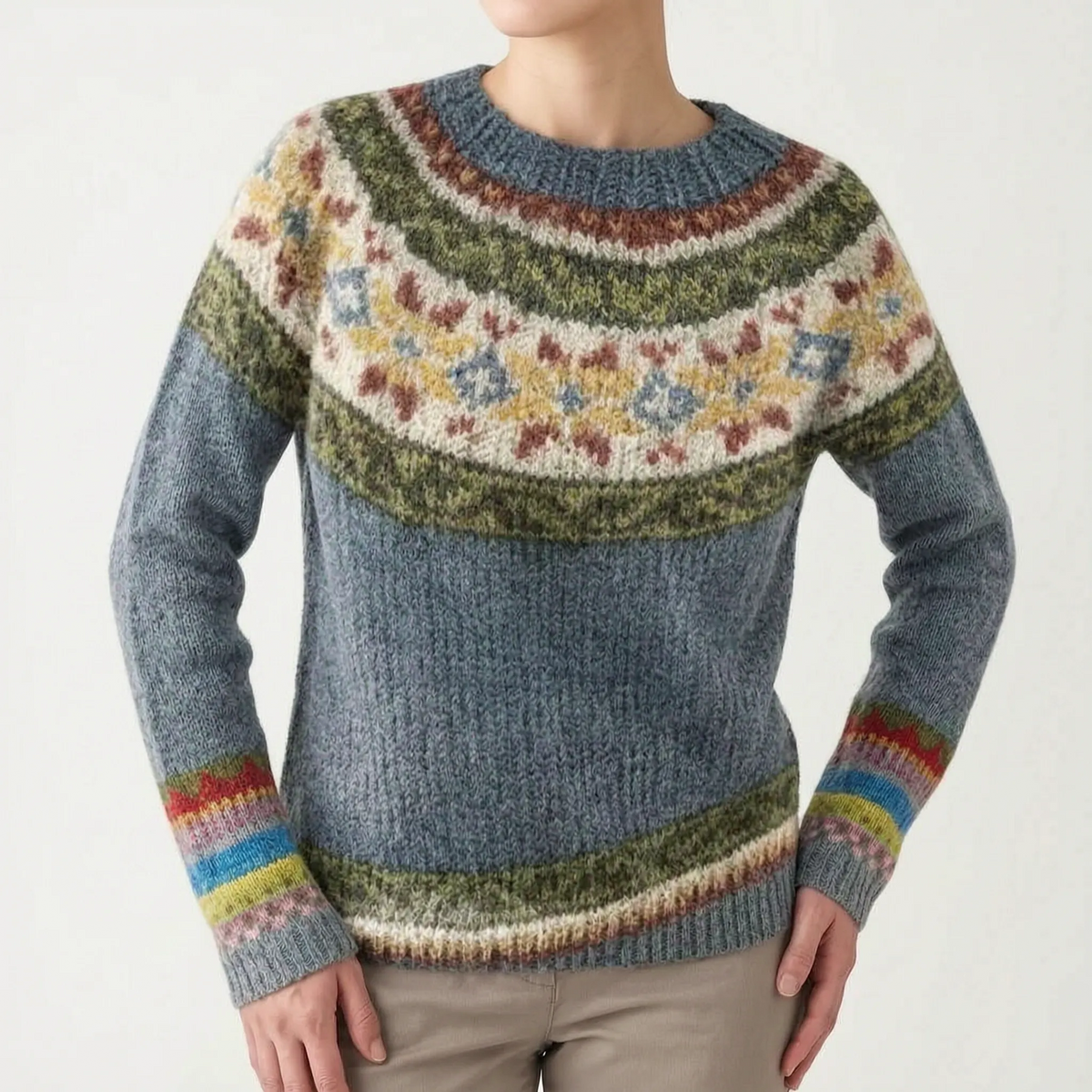 Women's Knit Sweater - Nordic-Inspired, Boat Neck, Patterned Yoke